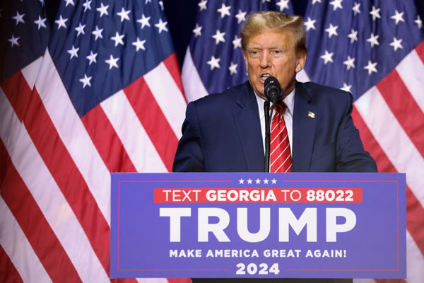 Republican presidential candidate and former U.S. President Donald Trump speaks during a campaign rally at the Forum River Center in Rome, Georgia, U.S. March 9, 2024. REUTERS/Alyssa Pointer